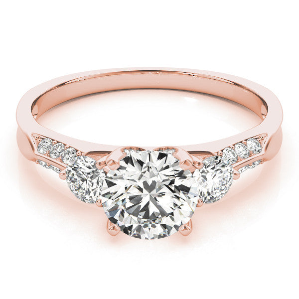 Rose gold Round Brilliant Three-Stone Diamond Ring with Pavé Band and Four-Prong Setting