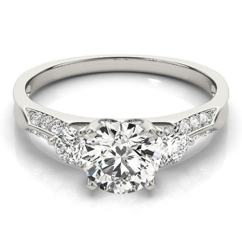 Silver Round Brilliant Three-Stone Diamond Ring with Pavé Band and Four-Prong Setting