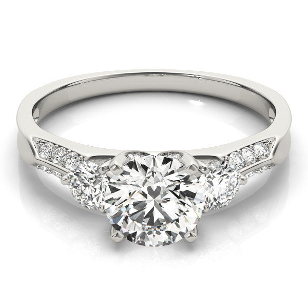 White gold Round Brilliant Three-Stone Diamond Ring with Pavé Band and Four-Prong Setting