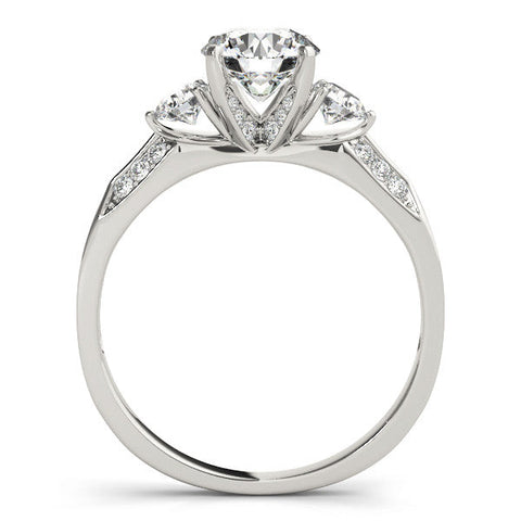 Silver Round Brilliant Three-Stone Diamond Ring with Pavé Band and Four-Prong Setting