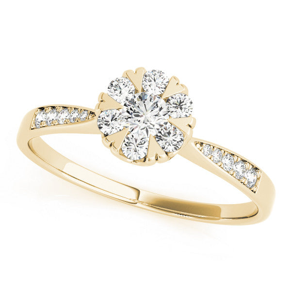 Yellow gold Cluster Princess Diamond Pavé Band Flower Prong Setting Ring
