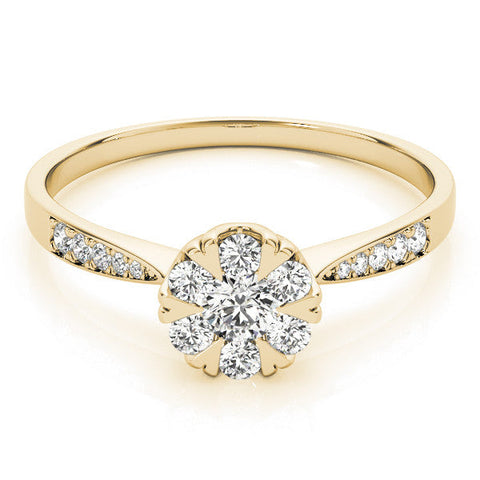 Yellow gold Cluster Round Diamond Pavé Band Flower Prong Setting Ring