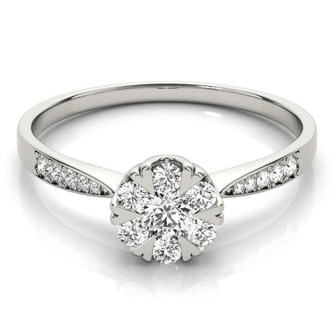 Silver Cluster Emerald Diamond Pavé Band Flower Prong Setting Ring