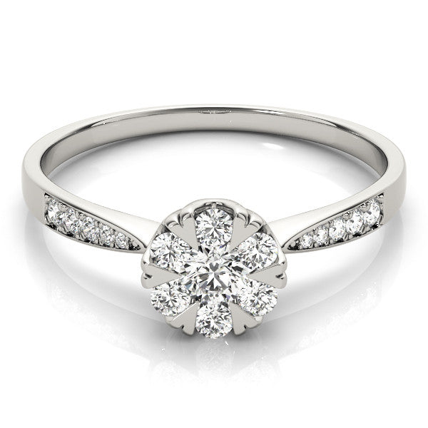 Platinum Cluster Emerald Diamond Pavé Band Flower Prong Setting Ring