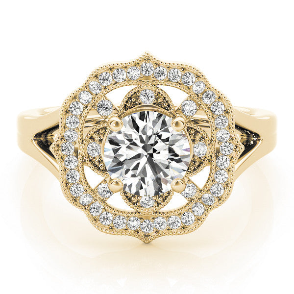Yellow gold Round Halo Diamond Ring with Split Shank and Four-Prong Setting