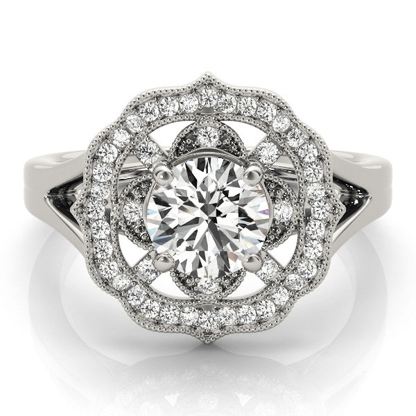 Silver Round Halo Diamond Ring with Split Shank and Four-Prong Setting