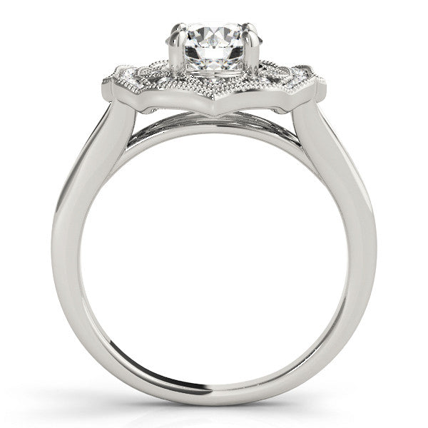 Platinum Round Halo Diamond Ring with Split Shank and Four-Prong Setting
