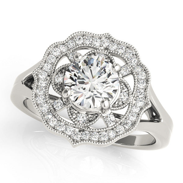Platinum Round Halo Diamond Ring with Split Shank and Four-Prong Setting