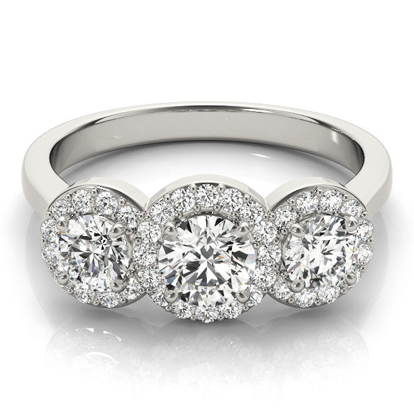Silver Three-Stone Round Halo Diamond Ring with Pavé Band and Prong Setting