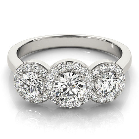 Silver Three-Stone Round Halo Diamond Ring with Pavé Band and Prong Setting