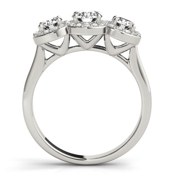 Silver Three-Stone Round Halo Diamond Ring with Pavé Band and Prong Setting