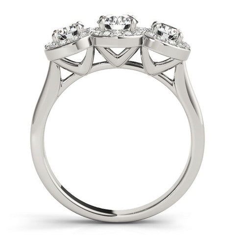 Silver Three-Stone Round Halo Diamond Ring with Pavé Band and Prong Setting
