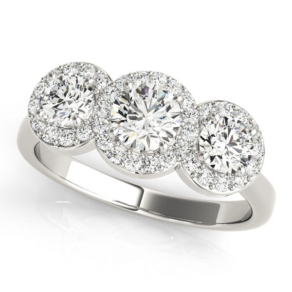 Silver Three-Stone Round Halo Diamond Ring with Pavé Band and Prong Setting