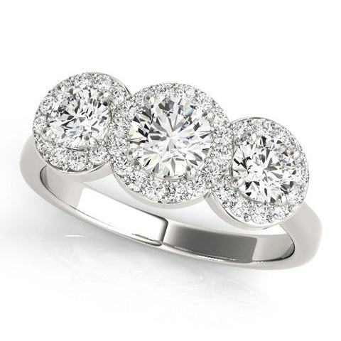 Silver Three-Stone Round Halo Diamond Ring with Pavé Band and Prong Setting