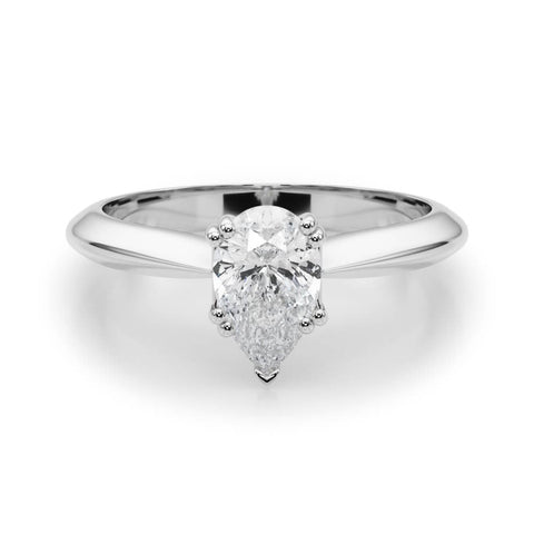 Silver Pear-Shaped Solitaire Diamond Ring with Tapered Band and Six-Prong Setting