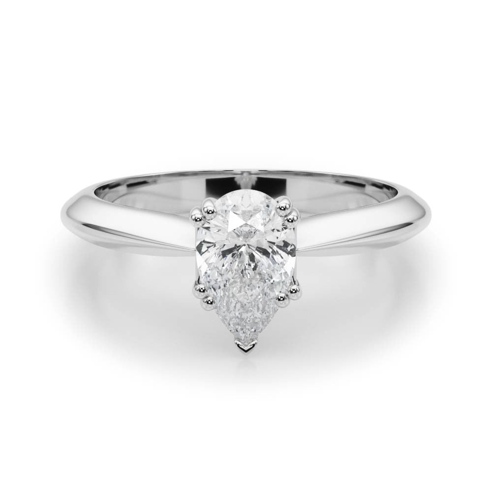 White gold Pear-Shaped Solitaire Diamond Ring with Tapered Band and Six-Prong Setting