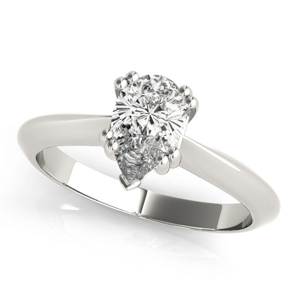Silver Pear-Shaped Solitaire Diamond Ring with Tapered Band and Six-Prong Setting