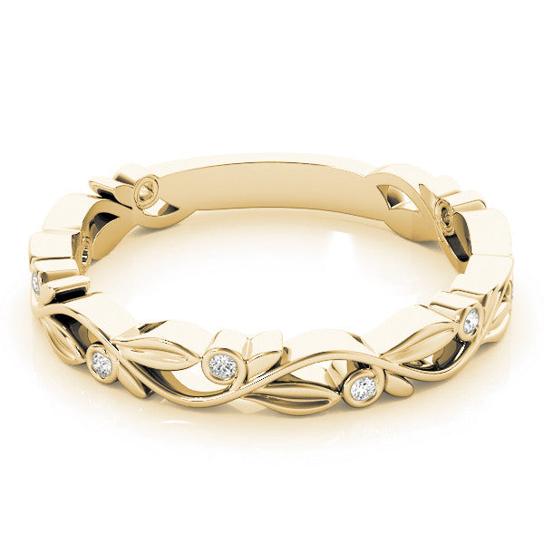 Yellow gold Bezel Set Round Diamond Leaf Eternity Band