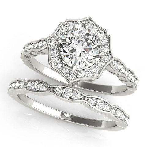 Silver Round Halo Diamond Ring with Milgrain Band and Four-Prong Setting