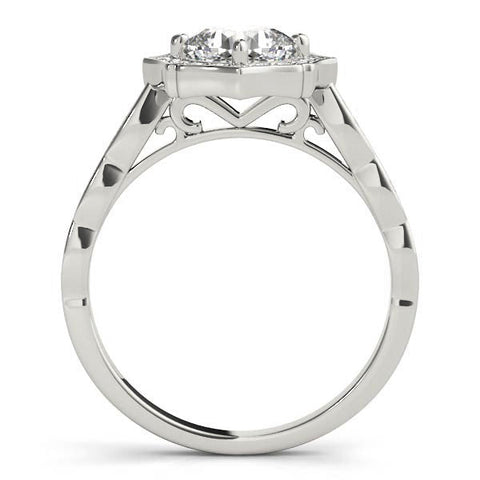 Silver Round Halo Diamond Ring with Milgrain Band and Four-Prong Setting