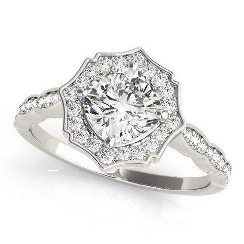 Silver Round Halo Diamond Ring with Milgrain Band and Four-Prong Setting