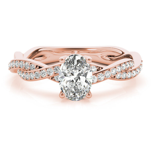 Rose gold Oval Solitaire Twisted Pave Diamond Ring with Four-Prong Setting