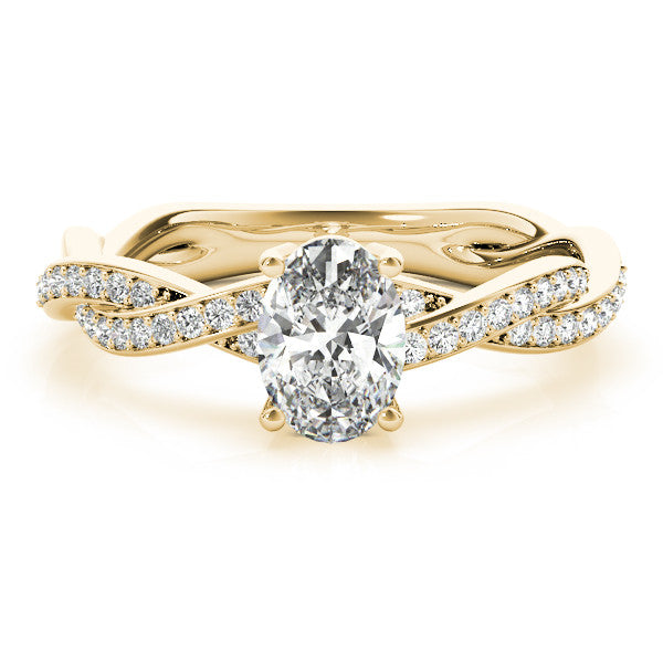 Yellow gold Oval Solitaire Twisted Pave Diamond Ring with Four-Prong Setting