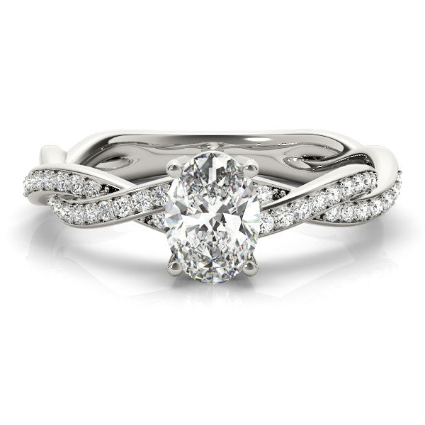 White gold Oval Solitaire Twisted Pave Diamond Ring with Four-Prong Setting