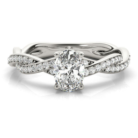 Silver Oval Solitaire Twisted Pave Diamond Ring with Four-Prong Setting
