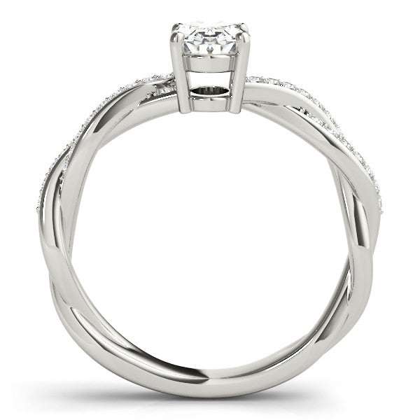 Silver Oval Solitaire Twisted Pave Diamond Ring with Four-Prong Setting