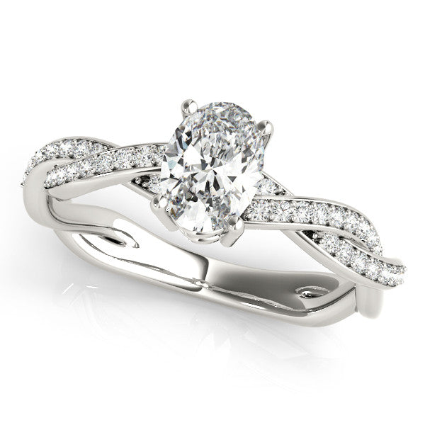 White gold Oval Solitaire Twisted Pave Diamond Ring with Four-Prong Setting