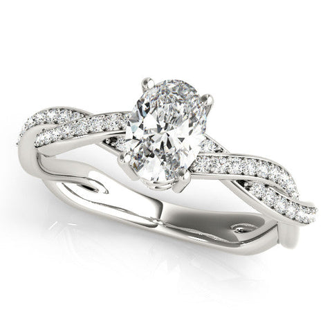 Platinum Oval Solitaire Twisted Pave Diamond Ring with Four-Prong Setting