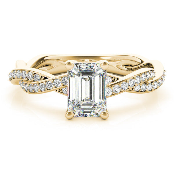 Yellow gold Heart Cut Twisted Pavé Band Solitaire Ring with Four-Prong Setting