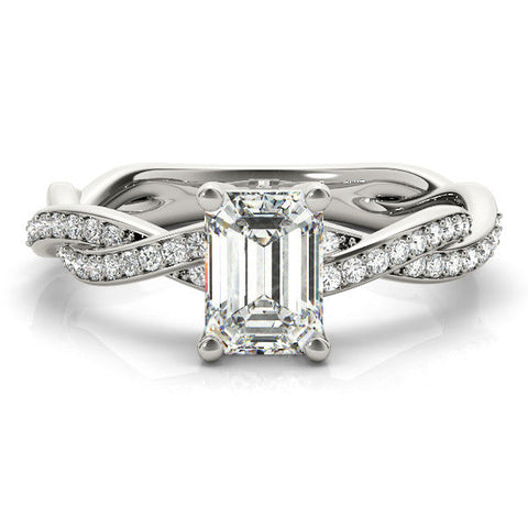 Platinum Emerald Cut Twisted Pavé Band Solitaire Ring with Four-Prong Setting