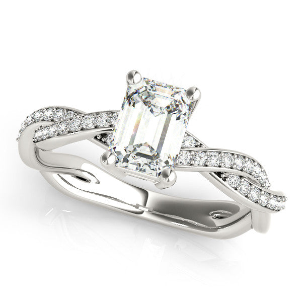 Platinum Emerald Cut Twisted Pavé Band Solitaire Ring with Four-Prong Setting