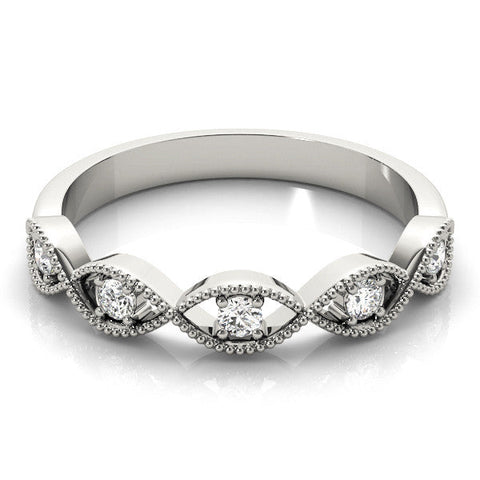 White gold Milgrain Marquise Diamond Band with Round Cut Stones and Bezel Setting