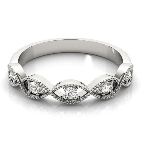 Platinum Milgrain Marquise Diamond Band with Round Cut Stones and Bezel Setting