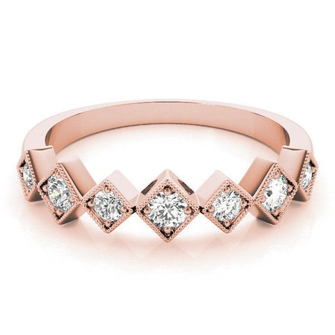 Rose gold Milgrain Square Bezel Round Diamond Chevron Band