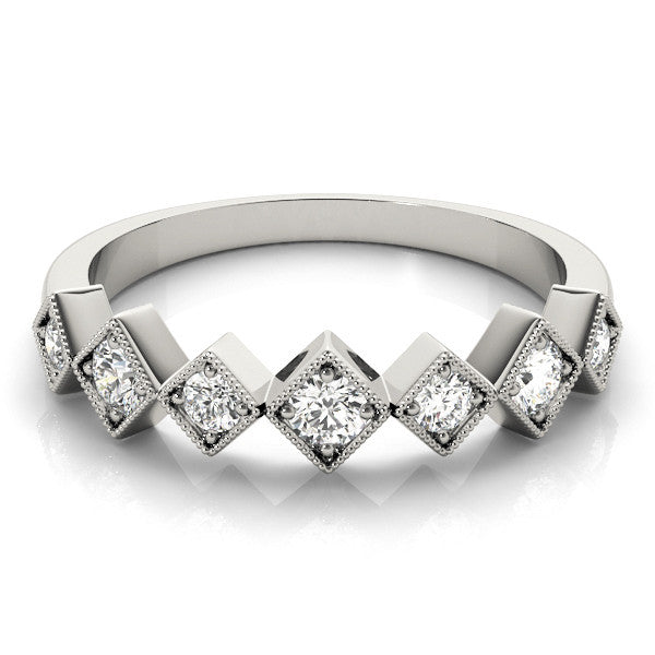 Silver Milgrain Square Bezel Round Diamond Chevron Band