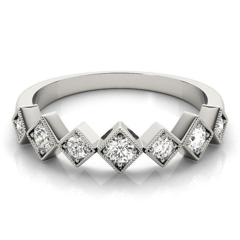 White gold Milgrain Square Bezel Round Diamond Chevron Band