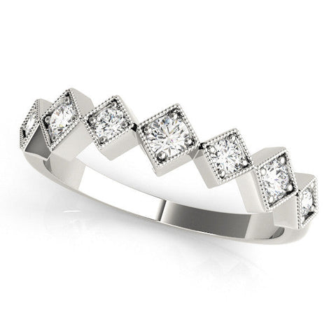 White gold Milgrain Square Bezel Round Diamond Chevron Band