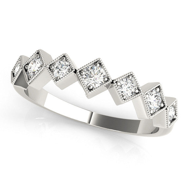 Platinum Milgrain Square Bezel Round Diamond Chevron Band