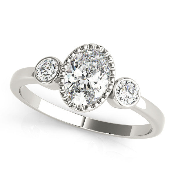 White gold Oval Three-Stone Bezel Set Diamond Ring with Solitaire Band