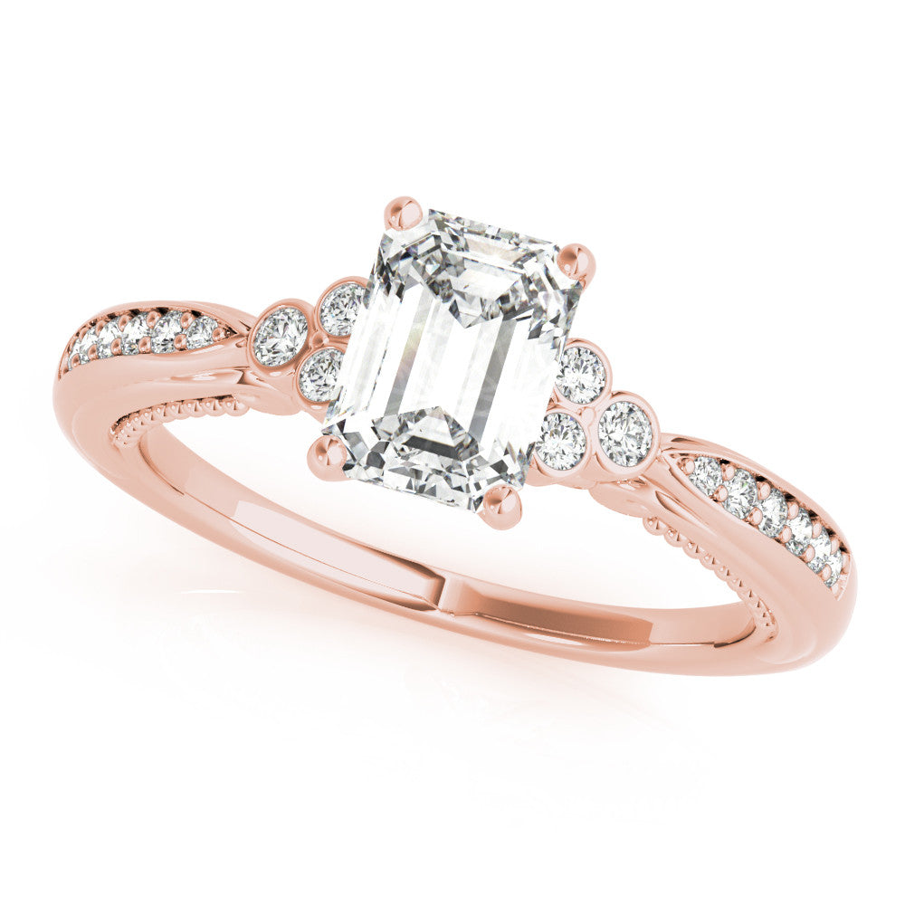 Rose gold Emerald Cut Diamond Solitaire with Pavé Band and Four-Prong Setting