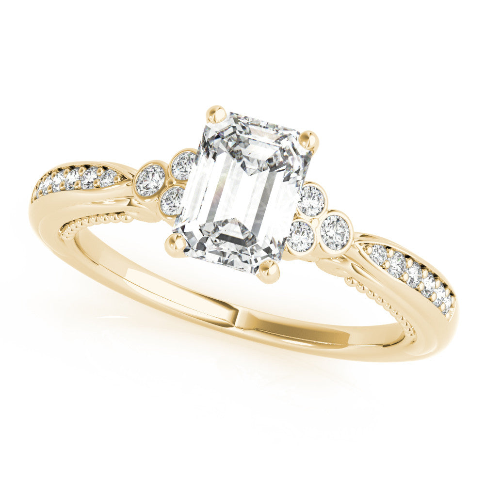 Yellow gold Radiant Cut Diamond Solitaire with Pavé Band and Four-Prong Setting