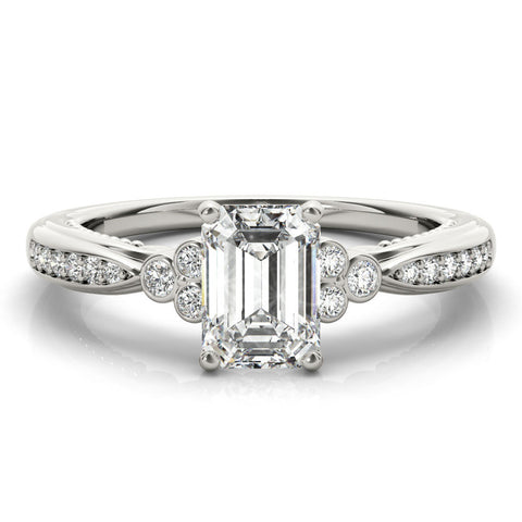 White gold Radiant Cut Diamond Solitaire with Pavé Band and Four-Prong Setting