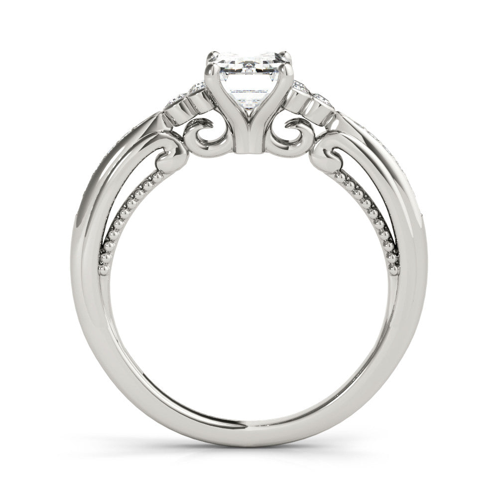 White gold Radiant Cut Diamond Solitaire with Pavé Band and Four-Prong Setting
