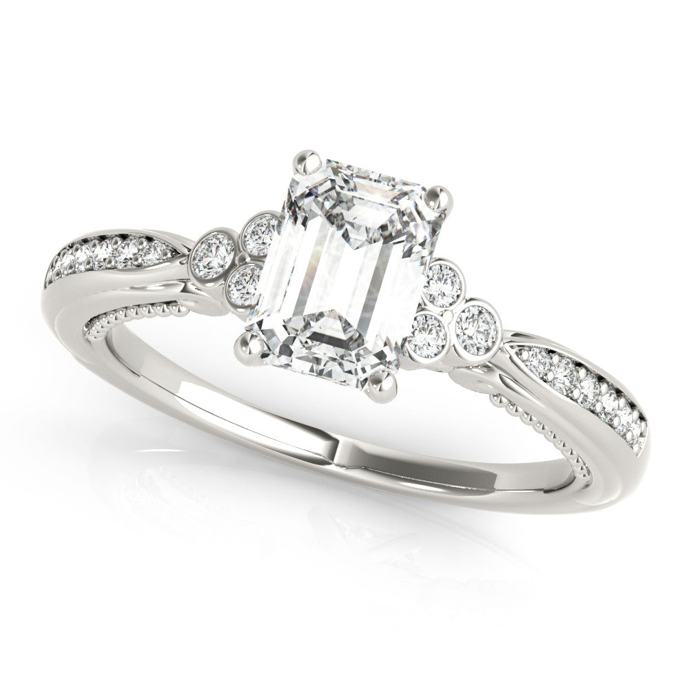 White gold Emerald Cut Diamond Solitaire with Pavé Band and Four-Prong Setting