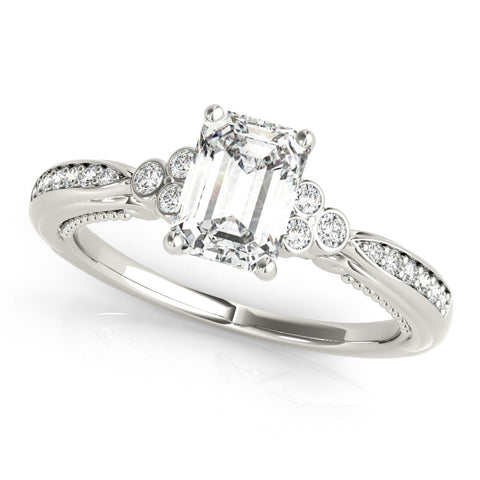 White gold Radiant Cut Diamond Solitaire with Pavé Band and Four-Prong Setting