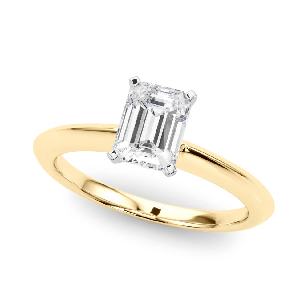 Yellow gold Emerald Solitaire Diamond Ring with Six-Prong Setting on a Classic Band